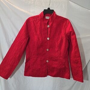 Chicos Button Down Top Light Jacket Cardigan Crinkle Textured Stretch Red Sz 1/M